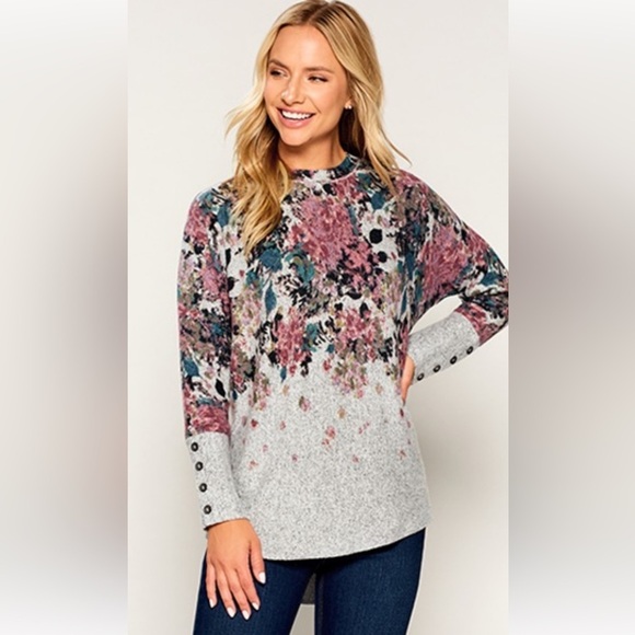 Westbound Sweaters - Westbound  NWT Pink Floral Fuzzy Placement Gray Dillards Sweater